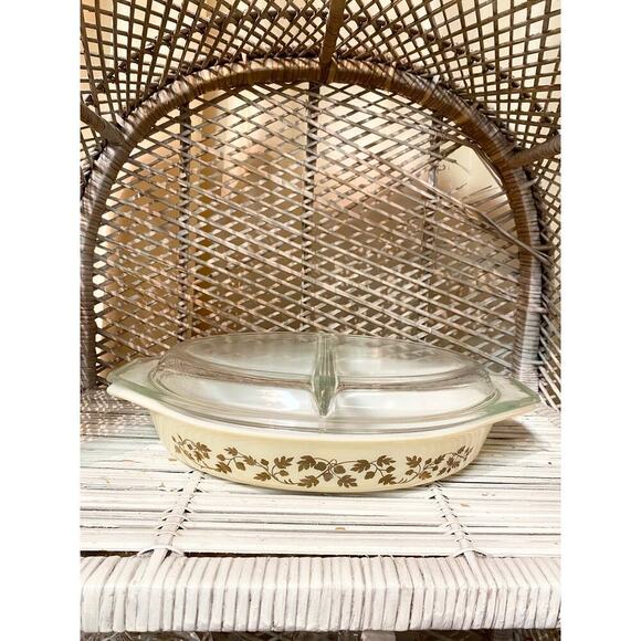 Vintage Pyrex Golden Acorn, Divided Casserole, Gold Oak Leaves and Acorns - Picture 1 of 8